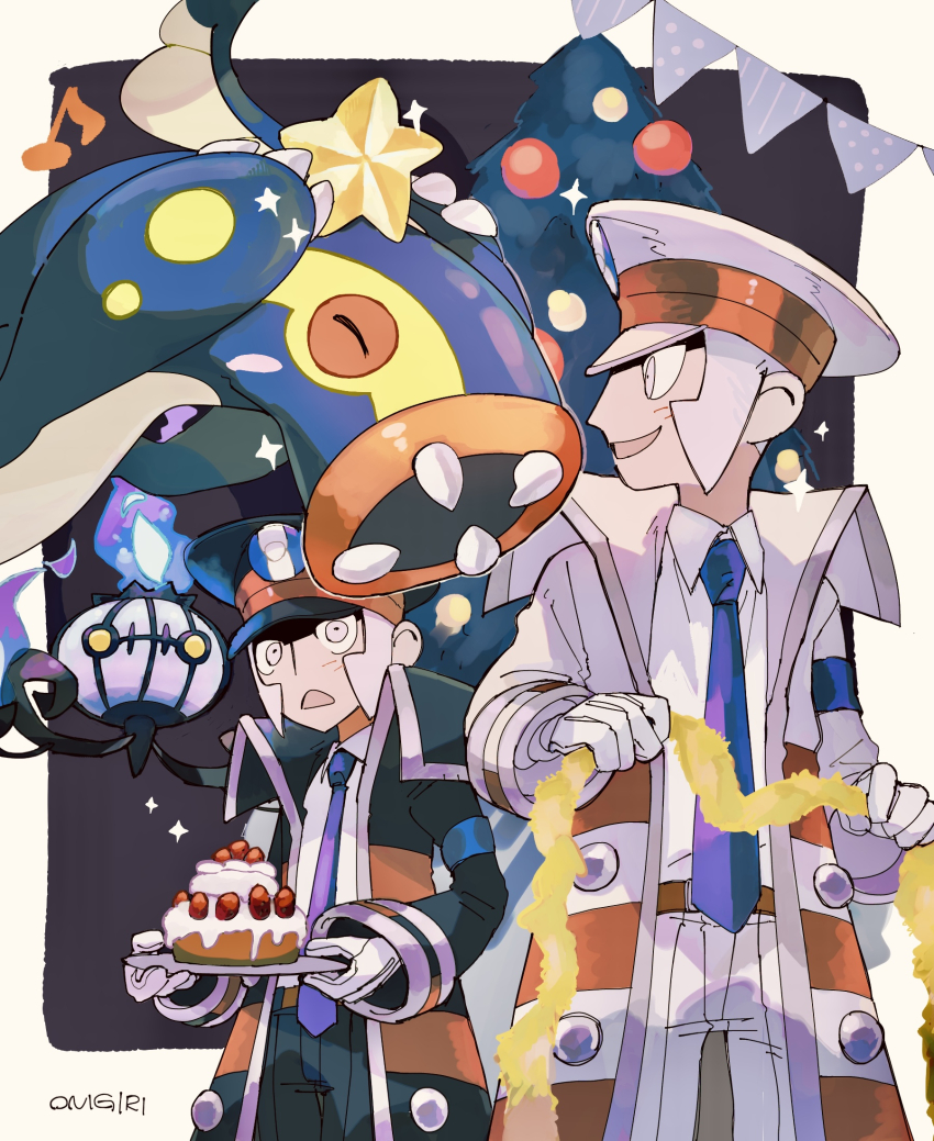 2boys armband belt black_background black_coat black_hat black_pants blue_armband blue_necktie border cake chandelier chandelure christmas_ornaments christmas_tree claws coat collared_shirt creatures_(company) decorating_christmas_tree decorations eel eelektross emmet_(pokemon) fangs fins fire food fruit game_freak gen_5_pokemon glass gloves grey_eyes grey_hair hat head_fins highres holding holding_cake holding_food holding_plate icing ingo_(pokemon) light_blush multiple_boys musical_note necktie nintendo onigiri_(ahku5522) open_mouth pants plate pokemon pokemon_(creature) pokemon_bw purple_fire red_eyes shirt short_hair sideburns smile sparkle star_ornament strawberry tree white_border white_coat white_gloves white_hat white_pants white_shirt yellow_eyes