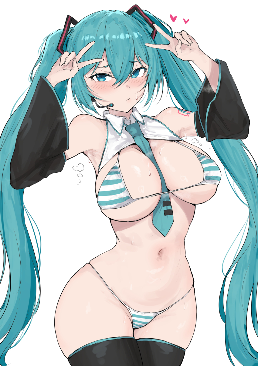 1girl alternate_breast_size_(larger) aqua_hair arm_tattoo between_breasts bikini black_thighhighs blue_eyes breasts cowboy_shot curvy detached_sleeves double_v hatsune_miku heart highres large_breasts long_hair looking_at_viewer micro_bikini microphone navel necktie necktie_between_breasts revision sakiya_(sak1_01) simple_background solo stomach striped_bikini striped_clothes sweat swimsuit tattoo thighhighs thighs v very_long_hair vocaloid white_background
