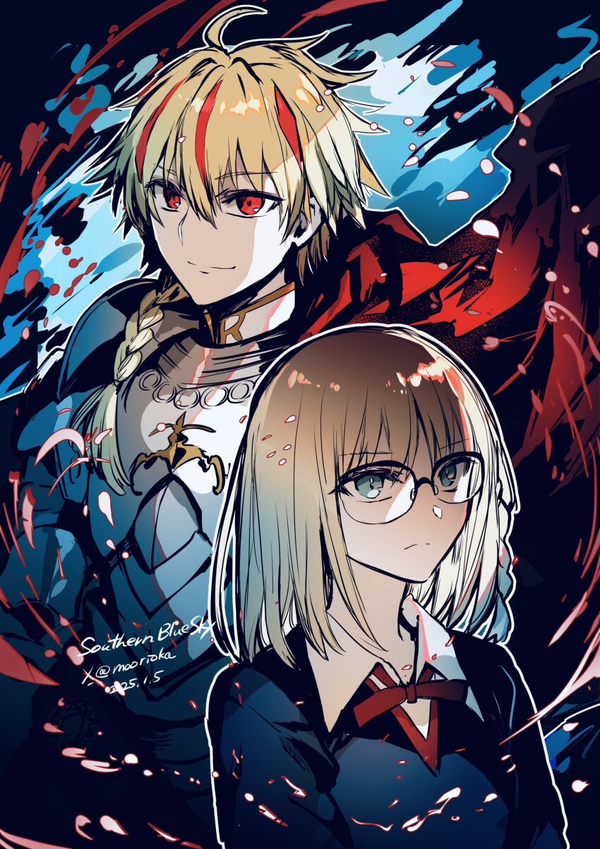 1boy 1girl ahoge armor blonde_hair blue_eyes braid fate/strange_fake fate_(series) glasses highres multicolored_hair richard_i_(fate) rioka_(southern_blue_sky) sajou_ayaka_(fate/strange_fake) shirt single_braid white_shirt