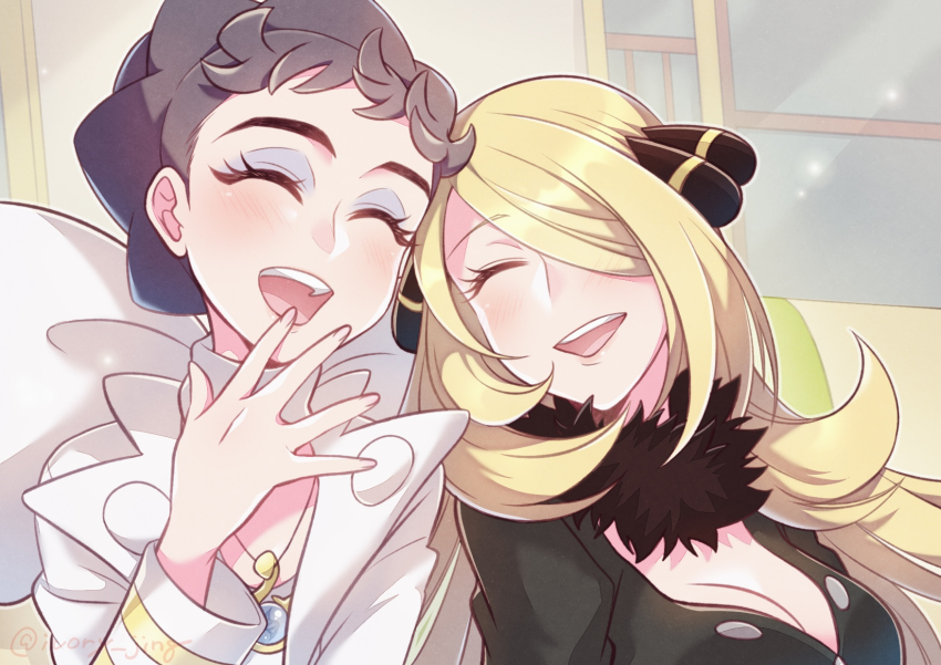 2girls black_coat blonde_hair breasts brown_hair cleavage closed_eyes coat commentary_request cynthia_(pokemon) diantha_(pokemon) eyeliner highres ivory_(25680nico) jewelry laughing long_sleeves makeup medium_breasts multiple_girls necklace nintendo open_mouth pokemon pokemon_dppt pokemon_xy teeth twitter_username upper_body upper_teeth_only white_coat