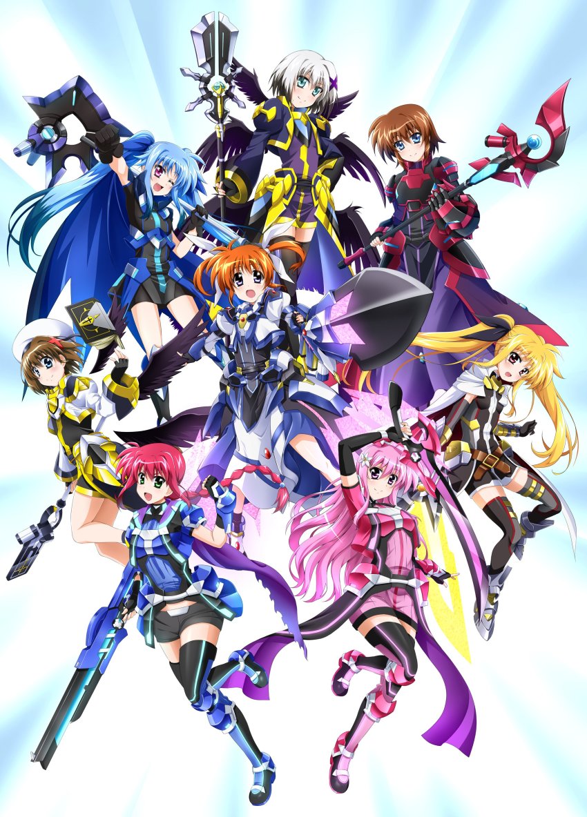 6+girls ;d absurdres amitie_florian armor armored_skirt bardiche_(blitz_saber_form)_(nanoha) bardiche_(nanoha) belt beret black_bodysuit black_dress black_hair black_jacket black_ribbon black_shorts black_socks blonde_hair blue_cape blue_eyes blue_jacket blue_ribbon bodysuit boots braid braided_ponytail breasts brown_belt brown_hair cape closed_mouth commentary_request cropped_jacket crossed_legs detached_collar dress elbow_gloves fang fate_testarossa fate_testarossa_(blaze_iii) fingerless_gloves floating flower fortress_(nanoha) gauntlets gloves greaves green_eyes grey_footwear grey_hair gun hair_flower hair_ornament hair_ribbon hairband hat highres holding holding_gun holding_staff holding_sword holding_weapon iris_(nanoha) jacket juliet_sleeves kneehighs kyrie_florian leg_up levi_the_slasher long_dress long_hair long_sleeves looking_at_viewer looking_back lord_dearche luciferion lyrical_nanoha mahou_shoujo_lyrical_nanoha_detonation medium_breasts multicolored_hair multiple_girls navel one_eye_closed open_mouth pink_dress pink_eyes pink_hair ponytail puffy_sleeves purple_eyes purple_legwear raising_heart raising_heart_streamer red_dress red_eyes red_hairband red_ribbon ribbon short_dress short_hair short_shorts short_sleeves shorts siblings single_braid sisters smile socks staff stern_the_destructor strike_cannon sword takamachi_nanoha takamachi_nanoha_(formula_ii) thighhighs tome_of_the_night_sky twintails two-tone_hair variant_zapper vulnificus waist_cape weapon white_cape white_dress white_footwear white_headwear white_jacket white_ribbon white_sleeves x_hair_ornament yagami_hayate yellow_eyes yersiniakreuz yorousa_(yoroiusagi) yuri_eberwein