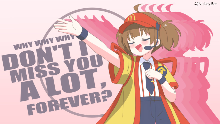 1girl ahoge back_bow badge black_necktie black_shorts bnelsey bow brown_hair button_badge closed_eyes commentary dress_shirt employee_uniform english_commentary english_text fast_food_uniform hand_on_own_chest hat headset highres imadake_dabuchi_tabemi iosys marisa_stole_the_precious_thing mcdonald&#039;s music necktie open_mouth red_hat red_stripes shirt short_hair short_sleeves shorts silhouette singing smile solo striped_clothes striped_shirt tasuki tie_clip twintails twitter_username vertical-striped_clothes vertical-striped_shirt visor_cap voice_actor_connection white_shirt wing_collar wristband yellow_happi