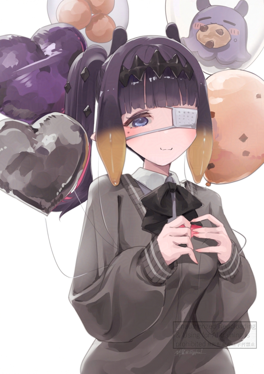 1girl balloon black_bow black_bowtie blunt_bangs bow bowtie collared_shirt eyepatch gradient_hair grey_sweater hair_flaps happy_birthday heart_balloon highres hololive hololive_english long_hair long_sleeves looking_at_viewer medical_eyepatch mochiyuki_(gigfor1) mole mole_under_eye multicolored_hair ninomae_ina&#039;nis ninomae_ina&#039;nis_(school_uniform) orange_hair pointy_ears purple_hair shirt side_ponytail sidelocks simple_background solo sweater takodachi_(ninomae_ina&#039;nis) tentacle_hair tentacles virtual_youtuber white_background white_shirt