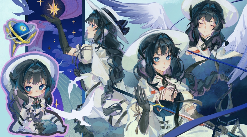 1girl absurdres animal_ears arknights astesia_(arknights) astesia_(starseeker)_(arknights) belt_buckle bird bird_ears bird_wings breasts buckle cape celestial_globe chibi cleavage closed_eyes cloud commission dress elbow_gloves from_side gloves hat hat_ribbon highres holding holding_sword holding_weapon layered_dress long_braid looking_at_viewer multiple_views object_floating_above_hand ribbon sash serious silhouette smile star_(sky) star_(symbol) sword weapon white_hair wide_brim wings yinxingbufuqiu04875
