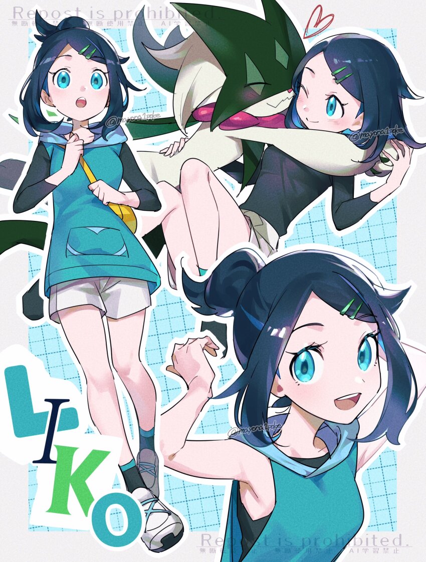 1girl :d :o ;) black_hair black_shirt blue_eyes blue_hair character_name colored_inner_hair commentary hair_ornament hairclip highres hood hoodie hug liko_(pokemon) looking_at_viewer mayona_(mayona1poke) meowscarada multicolored_hair multiple_views nintendo one_eye_closed open_mouth pokemon pokemon_(anime) pokemon_(creature) pokemon_horizons shirt shorts sleeveless sleeveless_hoodie smile symbol-only_commentary teeth twitter_username two-tone_hair upper_teeth_only white_shorts