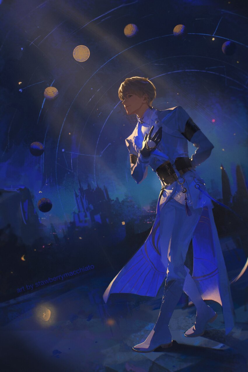 1boy armband black_armband black_gloves bowing brown_hair butler_bowing coat commentary english_commentary from_side full_body full_moon gloves grey_coat highres light_particles light_rays long_sleeves love_and_deepspace male_focus moon night night_sky sberrymacchiato sky smile solo tailcoat xavier_(love_and_deepspace)