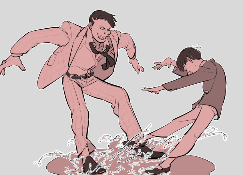 2boys belt child grin jacket long_sleeves loose_necktie male_focus matsuno_osomatsu multiple_boys necktie ojima_(ojimadou) open_clothes open_jacket osomatsu-kun osomatsu_(series) plaid_suit puddle sharp_teeth smile splashing stepping teeth tougou_(osomatsu-kun)