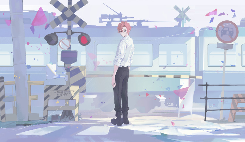 1boy absurdres black_boots black_pants blue_eyes boots brown_hair commentary_request from_behind heterochromia highres korean_commentary looking_at_viewer looking_back original pants railroad_crossing red_eyes road_sign shirt sign solo standing train translation_request white_shirt ysoa26