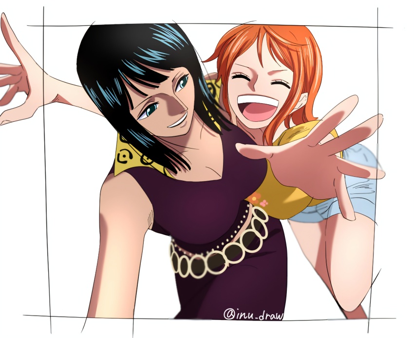 2girls absurdres bare_shoulders black_hair black_pants blue_eyes blunt_bangs breasts closed_eyes colored_skin dark-skinned_female dark_skin floral_print happy highres hug inu_draw large_breasts multiple_girls nami_(one_piece) nami_(one_piece)_(sabaody) nico_robin nico_robin_(sabaody) one_piece orange_hair pants popped_collar sabaody_archipelago shabondi shirt shorts sleeveless sleeveless_shirt smile white_shorts white_skin yellow_shirt yuri