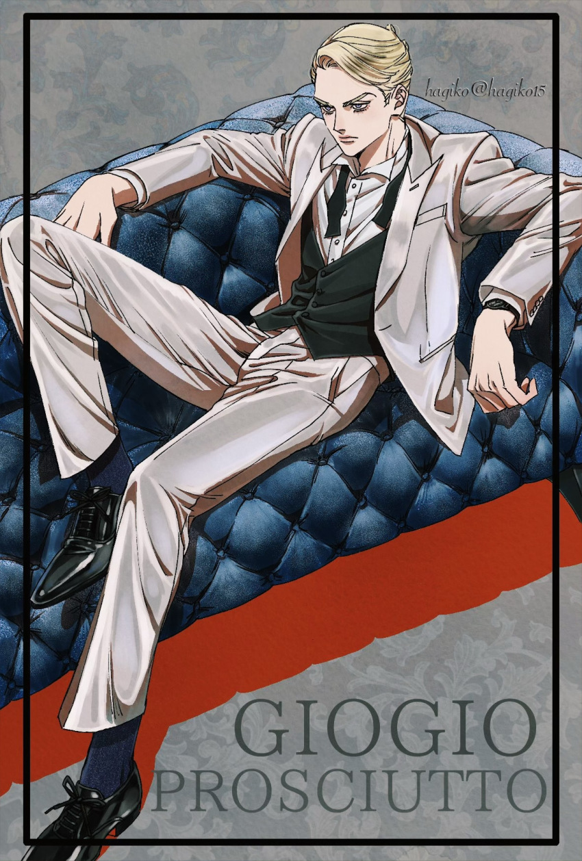 1boy alice_gear_aegis artist_name black_bow black_bowtie black_footwear black_vest blonde_hair blue_eyes blue_socks bow bowtie character_name closed_mouth couch hagiko15 highres jacket jojo_no_kimyou_na_bouken lips long_sleeves male_focus on_couch open_collar pants prosciutto shirt sitting socks solo twitter_username undone_bowtie vento_aureo vest watch white_jacket white_pants white_shirt wristwatch
