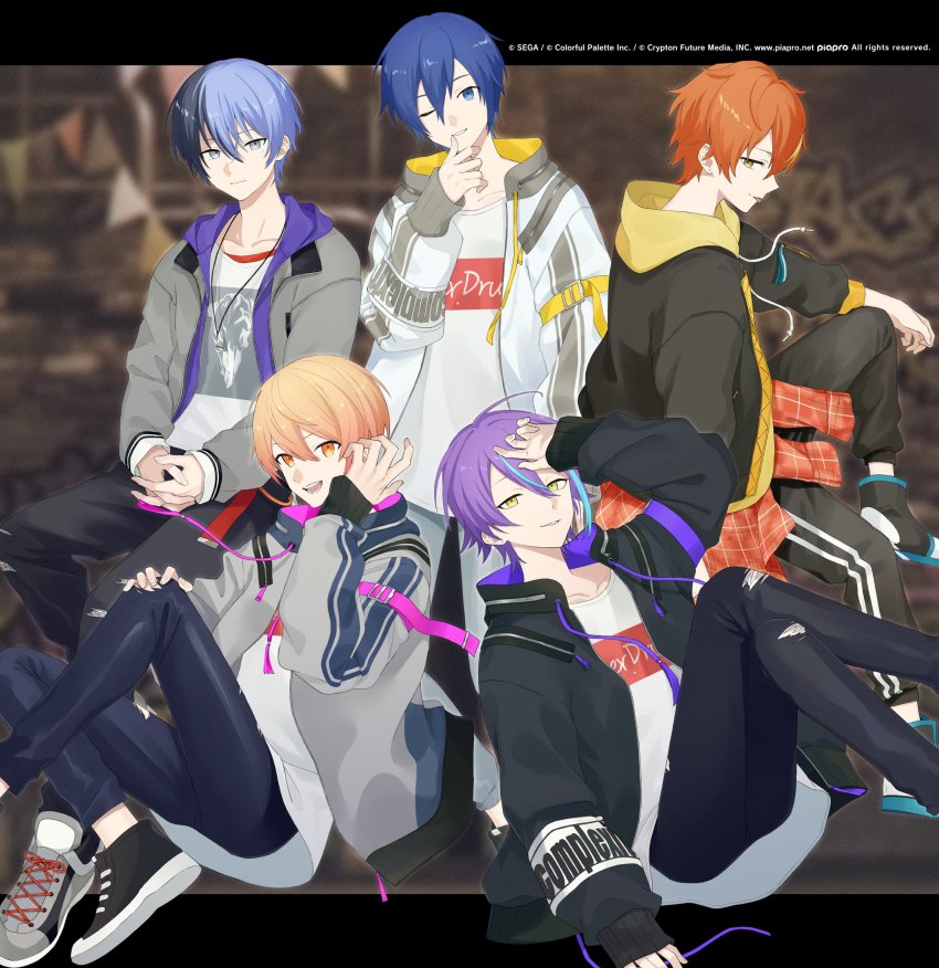 5boys absurdres adidas aoyagi_touya april_fools aqua_hair black_hair black_jacket black_pants blonde_hair blue_eyes blue_hair dark_blue_hair fantasista_squad_(project_sekai) finger_to_mouth grey_eyes grin highres ifuudoudou_(vocaloid) jacket jewelry kaito_(vocaloid) kamishiro_rui light_purple_hair long_sleeves looking_at_viewer medium_hair multicolored_hair multiple_boys necklace nitanda_cona official_art one_eye_closed open_clothes open_jacket orange_hair pants project_sekai purple_hair rozu_ki shinonome_akito short_hair sitting smile streaked_hair striped tenma_tsukasa tight_clothes tight_pants torn_clothes torn_pants vocaloid white_jacket yellow_eyes