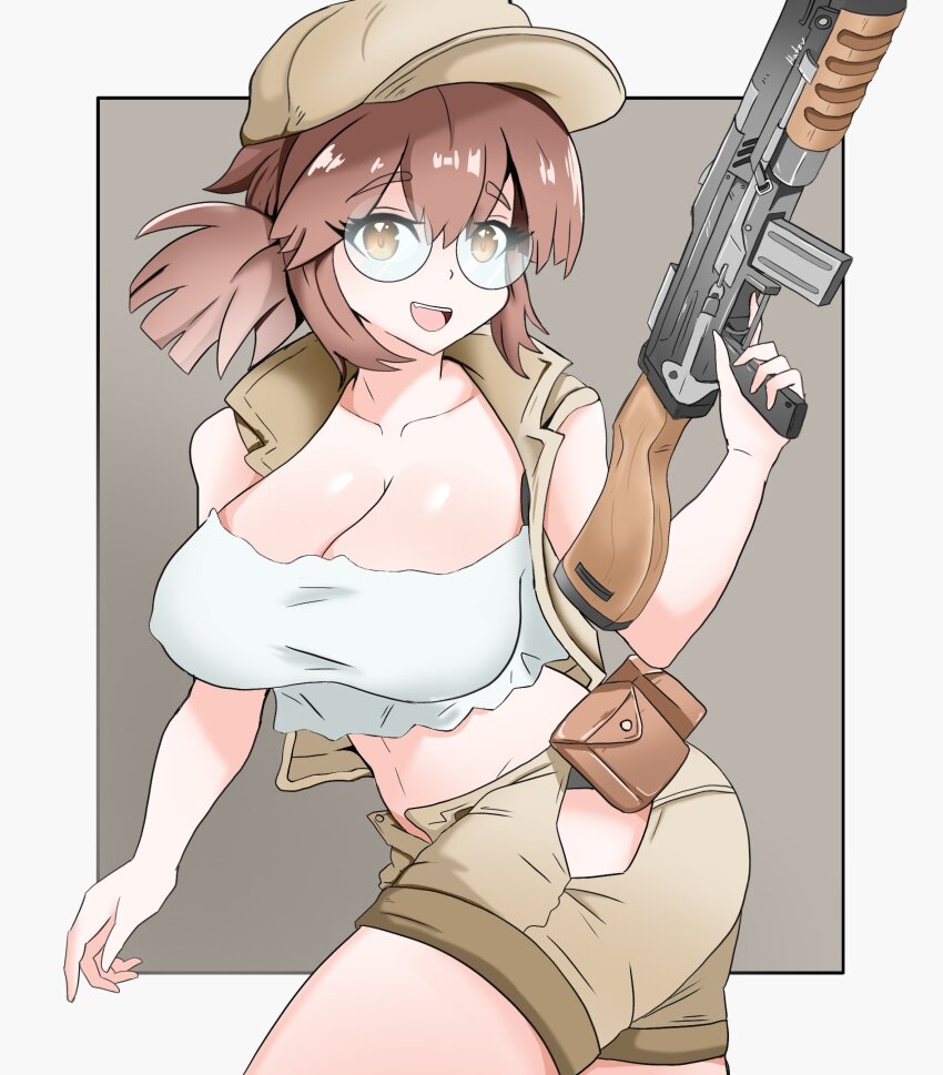 1girl :d baseball_cap black_panties border breasts brown_background brown_eyes brown_hair cleavage collarbone covered_erect_nipples cowboy_shot crop_top female_focus fio_germi glasses gun hat hatzuhatzu highres hip_vent holding holding_weapon large_breasts looking_at_viewer matching_hair/eyes medium_hair metal_slug midriff navel open_mouth panties panty_peek ponytail pouch revealing_clothes rifle round_eyewear shirt shorts sidelocks smile snk solo teeth thighs unbuttoned underwear upper_teeth_only vest weapon white_shirt