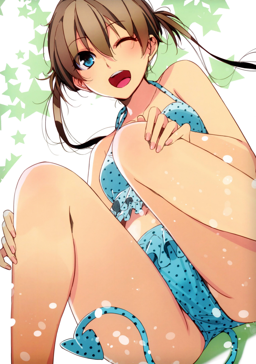 1girl ;d absurdres amakawa_chinatsu bare_shoulders bikini blue_bikini blue_eyes brown_hair demon_tail fake_tail female_focus fingernails frilled_bikini frills hands_on_own_knees highres long_hair memories_off memories_off_yubikiri_no_kioku morii_shizuki nail_polish navel one_eye_closed open_mouth polka_dot polka_dot_bikini polka_dot_swimsuit scan sitting smile solo swimsuit tail twintails wink