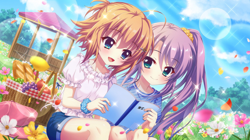 2girls ahoge aqua_eyes baguette birthday blue_eyes blue_scrunchie blue_shirt blue_shorts blue_sky blurry blurry_foreground book bread closed_mouth cloud day denim denim_shorts diagonal-striped_shirt dot_nose dutch_angle falling_petals field film_grain flower flower_field food frilled_shirt frills fruit game_cg grapes grass hair_ornament hair_scrunchie hairclip high_ponytail izumi_tsubasu lens_flare long_hair looking_at_another multiple_girls nature non-web_source official_art on_ground open_book open_mouth orange_hair outdoors petals pink_bag pink_flower plate polka_dot polka_dot_scrunchie ponytail purple_hair purple_petals re:stage! red_petals scrunchie shared_book shikimiya_mana shirt short_hair shorts sitting sky smile sparkle tree tsukisaka_sayu white_flower white_petals white_shirt wrist_scrunchie yellow_flower yellow_petals yellow_scrunchie
