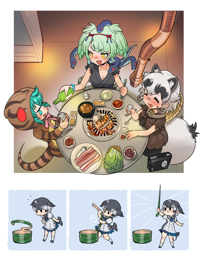 absurdres alcohol bracelet breasts chopsticks cleavage commentary_request gradient_ribbon green_hair hat highres hood inugami_gyoubu_(kemono_friends) japanese_clothes jewelry kemono_friends kimono narwhal_(kemono_friends) ribbon roonhee sake snake straw_hat table tsuchinoko_(kemono_friends) twintails yamata_no_orochi_(kemono_friends) yellow_eyes