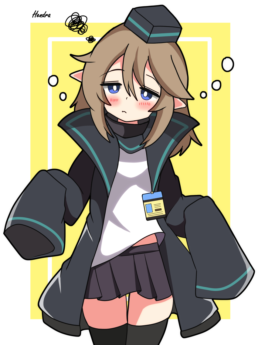 1girl absurdres arknights black_hat black_jacket black_skirt black_thighhighs blue_eyes blush_stickers brown_hair closed_mouth commentary_request durin_(arknights) hair_between_eyes hat head_tilt hendra highres jacket long_sleeves mini_hat open_clothes open_jacket pleated_skirt pointy_ears shirt signature skirt sleeves_past_fingers sleeves_past_wrists solo squiggle standing thighhighs two-tone_background white_background white_shirt yellow_background