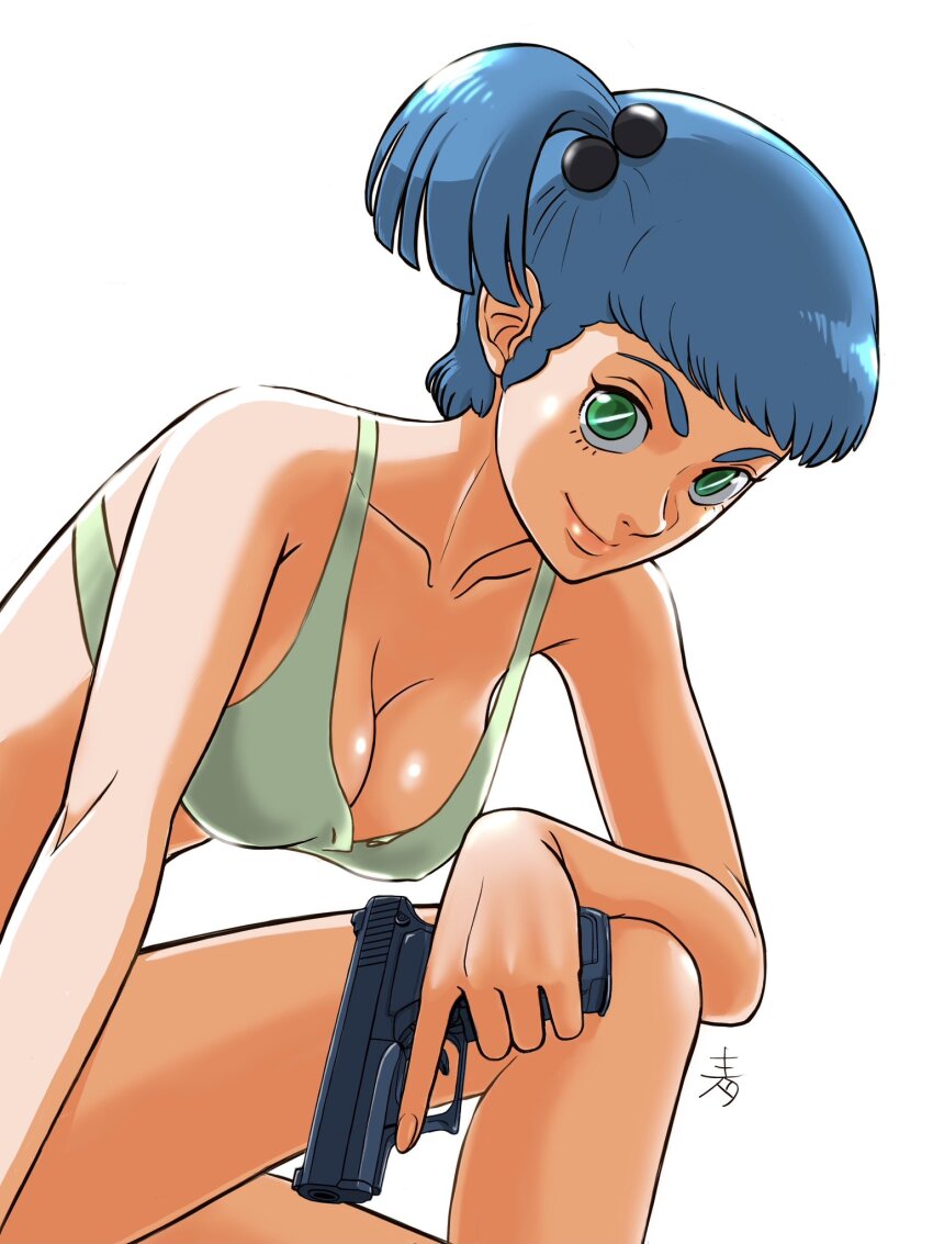 1girl aobito_sukoyaka_bystander blue_hair bra breasts cleavage female_focus gun handgun highres medium_breasts pistol rag_uralo sentou_mecha_xabungle solo underwear weapon