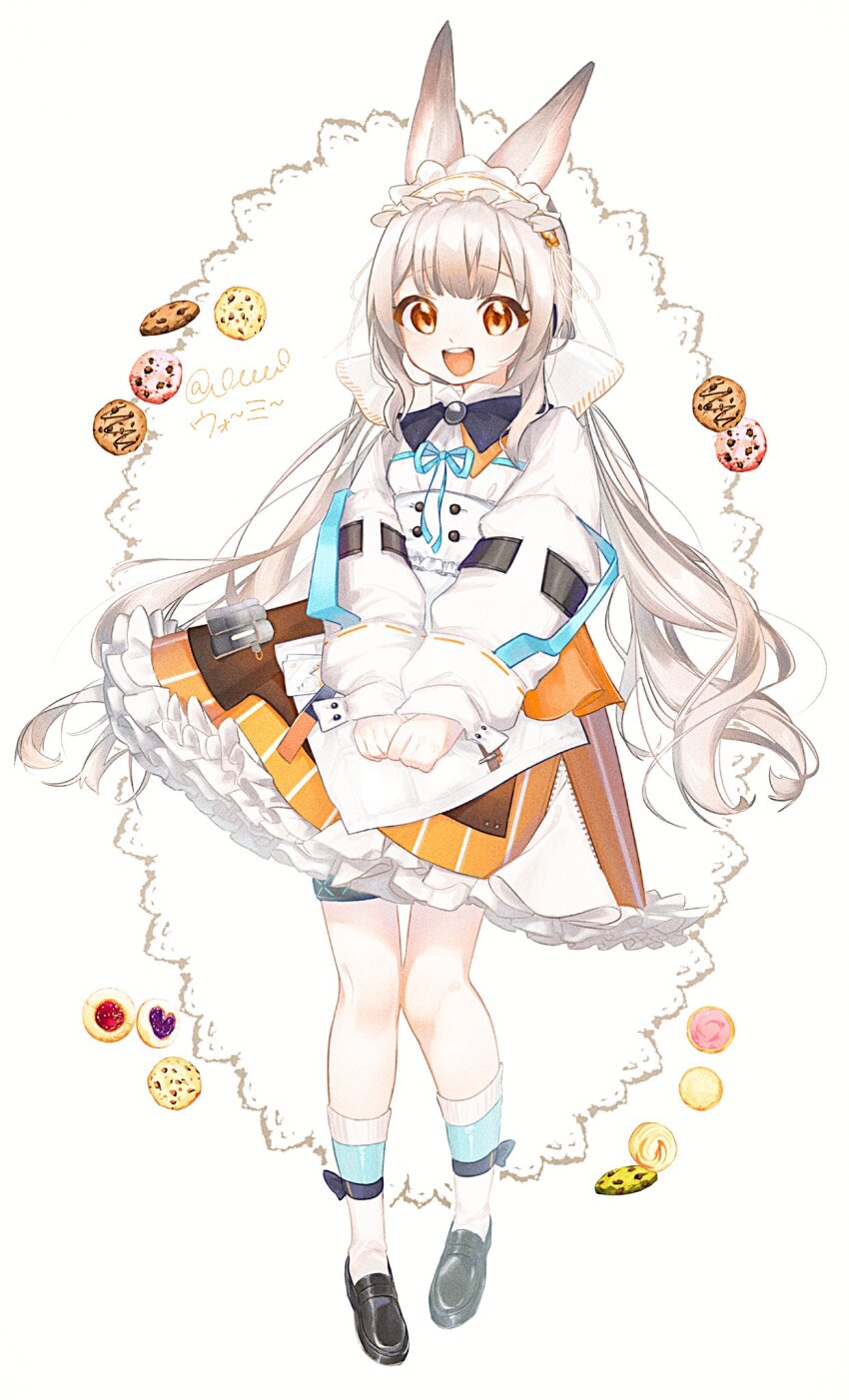 1girl animal_ears arknights black_shoes character_name commentary_request cookie food full_body grey_hair highres jacket layered_skirt long_hair long_sleeves looking_at_viewer o_eeee_o open_mouth orange_eyes orange_skirt rabbit_ears shoes sidelocks simple_background skirt smile socks solo teeth upper_teeth_only warmy_(arknights) white_background white_headdress white_jacket white_skirt white_socks