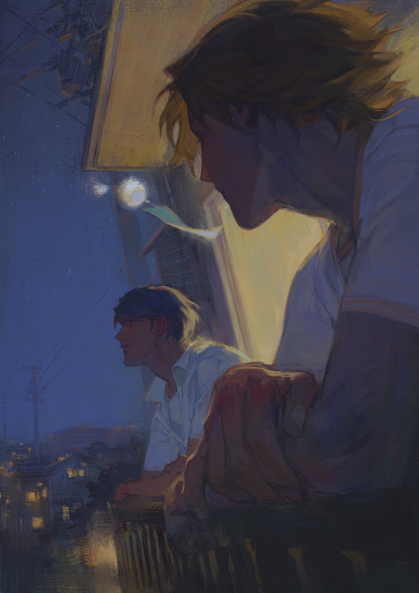 2boys absurdres apartment black_eyes black_hair brown_hair city city_lights closed_mouth commentary creamyghost hanamura_yousuke highres jacket looking_at_another looking_up multiple_boys narukami_yu night night_sky outdoors persona persona_4 shirt short_hair short_sleeves sky smile symbol-only_commentary white_jacket white_shirt wind_chime