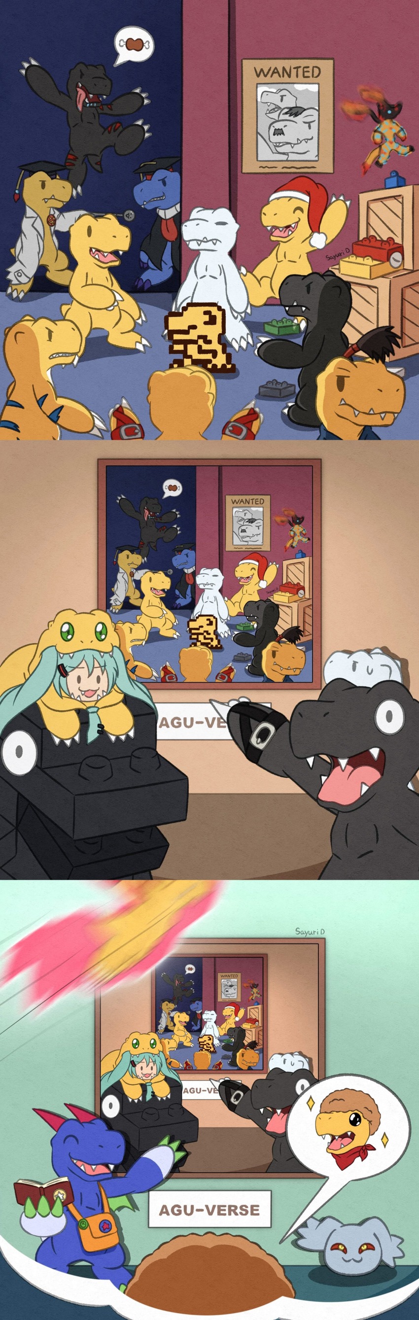 absurdres agumon agumon_(black) agumon_(black)_(digimon_savers) agumon_(black)_x-antibody agumon_(cosplay) agumon_(digimon_savers) agumon_-yuki_no_kizuna- agumon_burst_mode agumon_hakase agumon_x-antibody belt book bread bushiagumon clearagumon cosplay digimon disguise dreaming fang fangs food guilmon hat hatsune_miku highres horns meme nise_agumon_hakase pagumon pointing pointing_at_another pointing_spider-man_(meme) rurimon santaagumon sayuri_d_(liliana86973943) scarf sharp_teeth sleeping star_(symbol) teeth toyagumon toyagumon_(black) vocaloid wig yukiagumon_(digimon_savers)