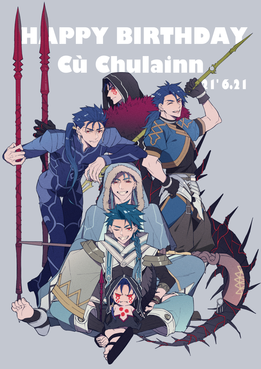 6+boys ;d arm_on_own_head armor asymmetrical_clothes black_gloves blue_bodysuit blue_hair bodysuit braid character_name chest_tattoo chibi closed_eyes cu_chulainn_(caster)_(fate) cu_chulainn_(fate) cu_chulainn_(fate/prototype) cu_chulainn_(fate/stay_night) cu_chulainn_alter_(fate) dated earrings facial_mark fangs fate/grand_order fate/grand_order_arcade fate/prototype fate/stay_night fate_(series) frown gae_bolg_(fate) gloves grin hair_over_shoulder hair_strand hand_on_own_hip happy_birthday highres holding holding_polearm holding_weapon hood jewelry leaning_forward long_hair looking_at_viewer makina_(nikki_m7_) male_focus mini_cu-chan_(fate) mitsudomoe_(shape) monster_boy multiple_boys one_eye_closed open_mouth parted_bangs polearm ponytail purple_background red_eyes revision sandals setanta_(fate) simple_background single_braid smile spear spiked_tail tail tattoo thigh_gap toeless_legwear tomoe_(symbol) weapon