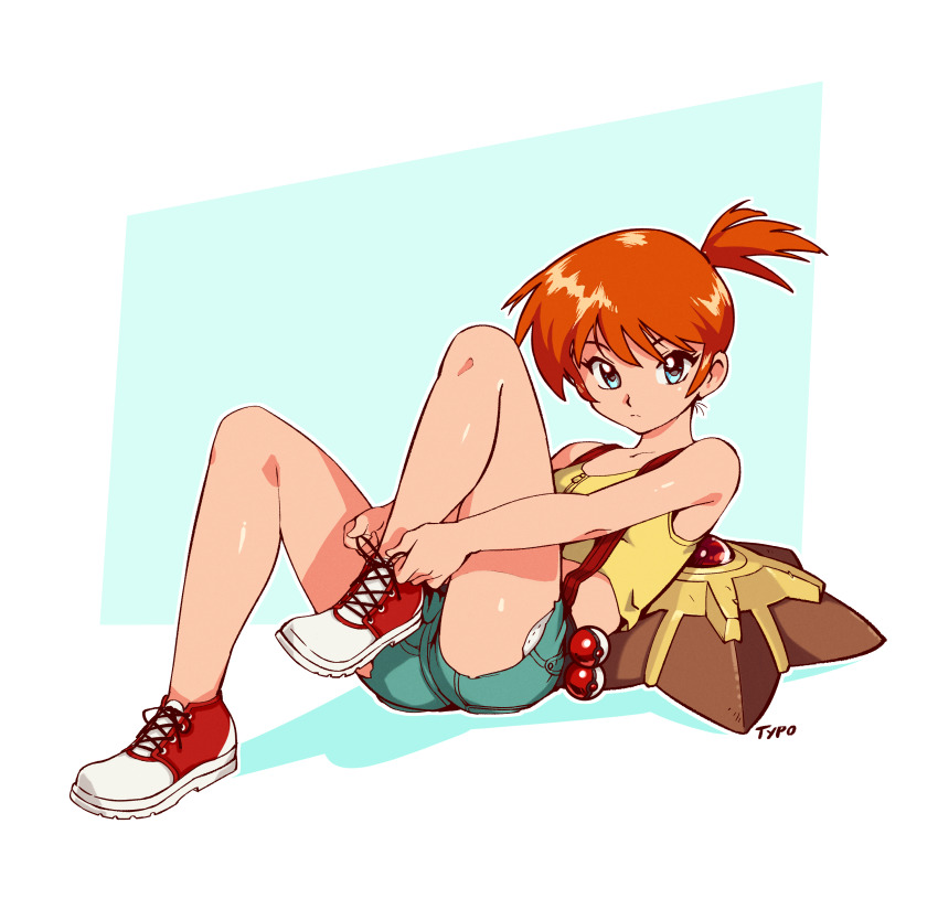 1girl absurdres artist_name ass asymmetrical_hair bad_id bad_tumblr_id bare_shoulders blue_background blue_eyes crop_top denim denim_shorts expressionless full_body game_freak gen_1_pokemon hair_tie highres knees_up leaning_back looking_at_viewer lying misty_(pokemon) nintendo orange_hair outstretched_arms pockets_visible poke_ball poke_ball_(generic) pokemon pokemon_(anime) pokemon_(classic_anime) ponytail reclining red_shoes shiny_skin shirt shoelaces shoes short_hair short_shorts shorts side_ponytail signature simple_background sitting sleeveless sleeveless_shirt sneakers solo solo_focus staryu suspenders tank_top two-tone_background typo_(requiemdusk) yellow_shirt