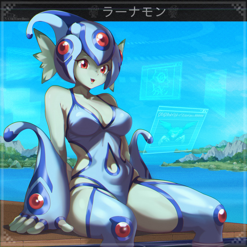 1girl arm_support bare_shoulders blue_gloves blue_leggings blue_one-piece_swimsuit blue_sky breasts character_name cleavage clothing_cutout collarbone colored_skin commentary cowboy_shot day dclaret detached_leggings digimon digimon_(creature) english_commentary fang fingerless_gloves fins gloves green_skin head_fins highres holographic_monitor kuramon lake leggings medium_breasts monster_girl navel navel_cutout one-piece_swimsuit open_mouth outdoors ranamon red_eyes shutumon side_cutout sitting sky soaking_feet solo swimsuit twitter_username water