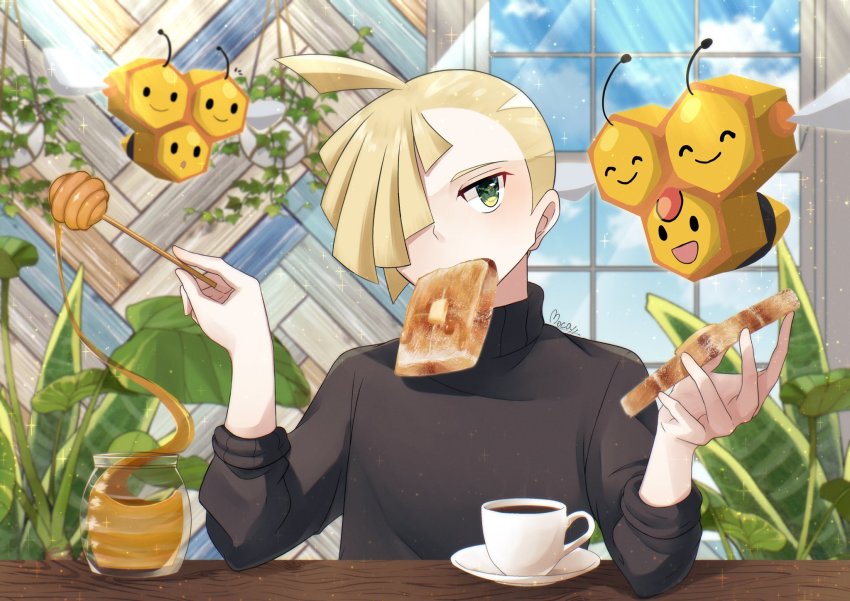 1boy ahoge alternate_costume blonde_hair bread bread_slice butter cloud combee commentary_request cup day food food_in_mouth gen_4_pokemon gladion_(pokemon) green_eyes hair_over_one_eye highres holding honey honey_dipper looking_at_viewer male_focus mocacoffee_1001 mouth_hold nintendo pokemon pokemon_(creature) pokemon_sm pot saucer short_hair signature sky sparkle table teacup toast toast_in_mouth window