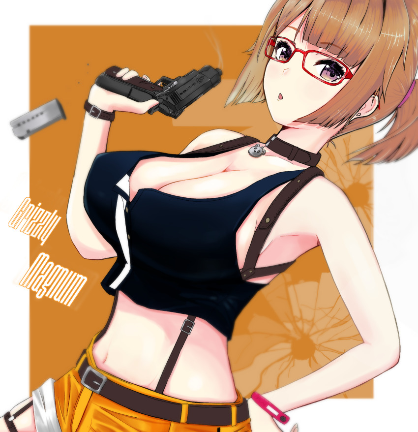 1girl alternate_hairstyle bizen_kurage blush breasts brown_hair cleavage commentary_request english_text girls&#039;_frontline glasses grizzly_mkv_(girls&#039;_frontline) grizzly_mkv_(weekend_cop)_(girls&#039;_frontline) gun highres l.a.r._manufacturing lar_grizzly_win_mag large_breasts looking_at_viewer magazine_(weapon) official_alternate_costume open_mouth ponytail purple_eyes short_hair shorts solo weapon witness_holes