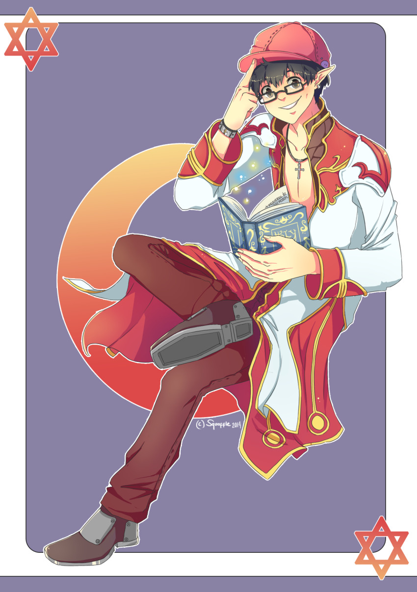 1boy black-framed_eyewear black_eyes black_hair book brown_coat brown_pants brown_shoes cabbie_hat coat commentary cross cross_necklace english_commentary figure_four_sitting full_body glasses gold_trim grin hat hexagram high_priest_(ragnarok_online) highres holding holding_book jewelry long_sleeves looking_at_viewer male_focus multicolored_coat necklace open_book pants pink_hat pointy_ears ragnarok_online red_coat shoes short_hair sitting smile solo squaffle1 star_of_david two-tone_coat white_coat
