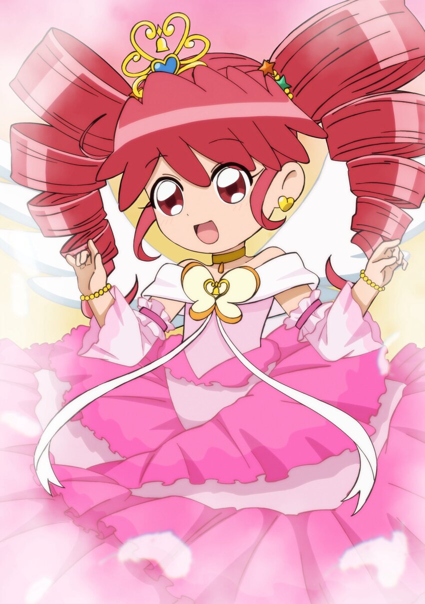 1girl 964905950 :d ahoge angel_wings bare_shoulders bead_bracelet beads bracelet brooch butterfly_brooch choker commentary curled_fingers detached_sleeves dress dress_ribbon drill_hair earrings feathered_wings feathers fine_(futagohime) fine_(grand_universal_princess)_(futagohime) frilled_dress frilled_sleeves frills fushigiboshi_no_futago_hime fushigiboshi_no_futago_hime_gyu gold_bracelet gold_choker gold_tiara gradient_background hair_between_eyes hair_ornament hands_up hashtag-only_commentary highres hime_lolita jewelry layered_dress lolita_fashion long_hair looking_at_viewer magical_girl off-shoulder_dress off_shoulder open_mouth pink_background pink_dress pink_sleeves red_eyes red_hair ribbon smile solo star_(symbol) star_earrings star_hair_ornament tiara twin_drills upper_body white_ribbon white_wings wide_sleeves wings yellow_background