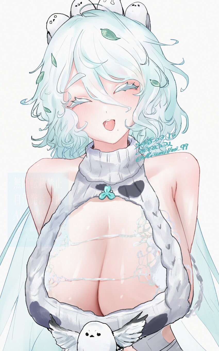 1girl absurdres animal animal_on_head bird bird_on_head breast_focus breasts cleavage closed_eyes clothing_cutout clover colored_eyelashes curly_hair goddess_of_victory:_nikke hair_between_eyes highres large_breasts leaf leaf_on_head long_hair meme_attire miumiumi_99 mole mole_under_mouth navel_cutout on_head print_sweater ribbed_sweater sleeveless sleeveless_sweater sleeveless_turtleneck smile solo sweater tit_(bird) trina_(nikke) turtleneck turtleneck_sweater virgin_destroyer_sweater white_eyelashes white_sweater