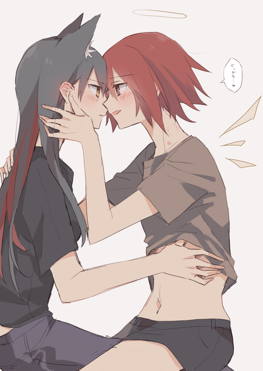 2girls absurdres animal_ears arknights bad_id bad_pixiv_id bite_mark blush closed_mouth commentary_request energy_wings exusiai_(arknights) eye_contact face-to-face halo hickey highres long_hair looking_at_another matsuzaka_(matsuzakagyu_29) multiple_girls navel stomach texas_(arknights) translation_request yuri