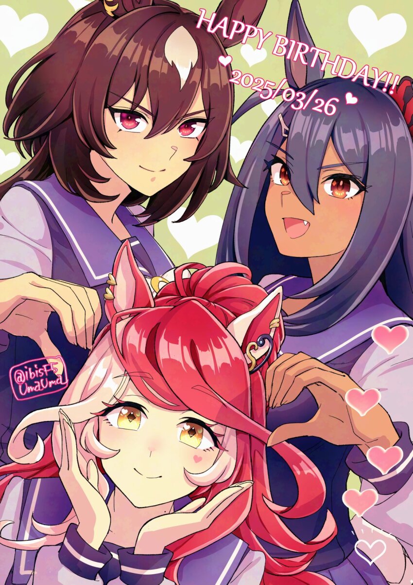 3girls animal_ears birthday_connection black_hair blush bow commentary_request dark-skinned_female dark_skin dated ear_ornament hair_between_eyes happy_birthday heart heart_hands heart_hands_duo hi_(ibisf5umauma) highres hishi_amazon_(umamusume) horse_ears horse_girl loves_only_you_(umamusume) multicolored_hair multiple_girls pleated_skirt purple_serafuku purple_shirt purple_skirt red_eyes red_hair sailor_collar school_uniform serafuku shirt sirius_symboli_(umamusume) skirt smile streaked_hair tracen_school_uniform twitter_username umamusume upper_body white_bow white_hair winter_uniform yellow_shirt