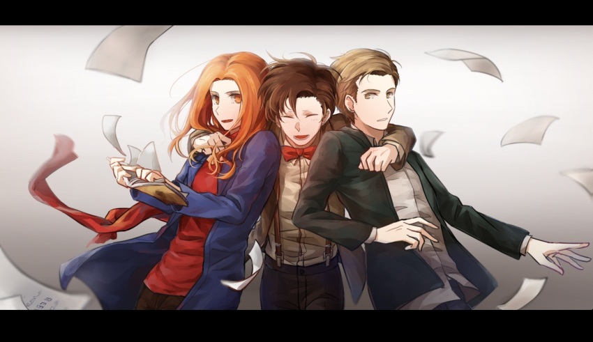 1girl 2boys amy_pond blonde_hair bow bowtie brown_eyes brown_hair closed_eyes doctor_who eleventh_doctor eleventh_doctor_(doctor_who) hug letterboxed multiple_boys orange_eyes orange_hair rory_williams smile the_doctor the_doctor_(doctor_who)
