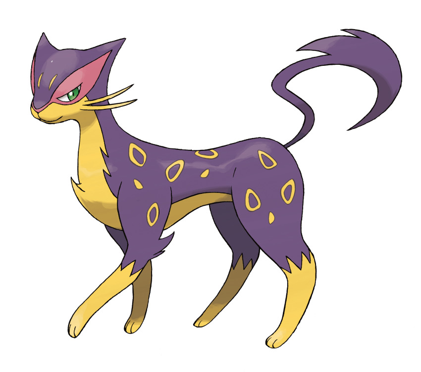 animal_focus artist_request cat closed_mouth from_side full_body gen_5_pokemon green_eyes highres liepard nintendo no_humans official_art pokemon pokemon_(creature) pokemon_bw pokemon_focus purple_fur smile solo spotted_fur third-party_source transparent_background whiskers yellow_fur