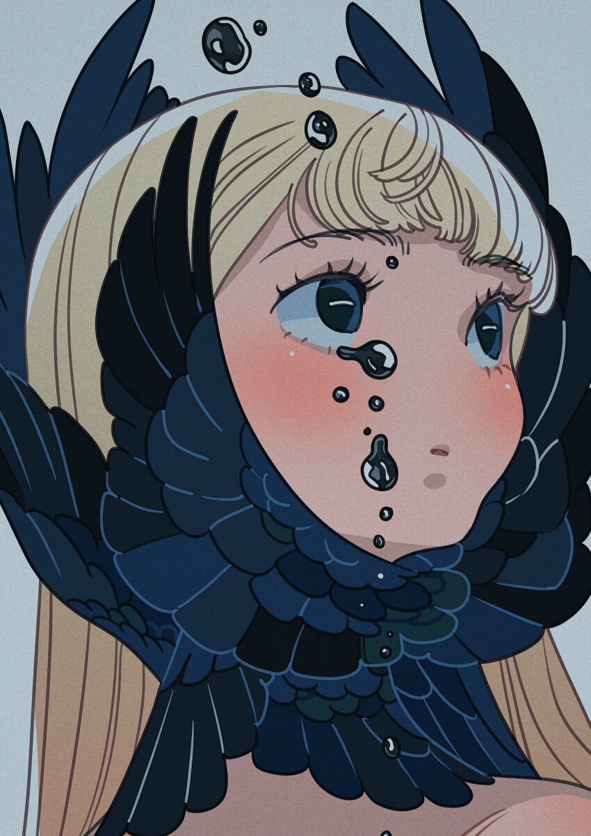 1girl black_feathers black_tears black_wings blonde_hair blue_background blue_eyes blue_feathers blue_wings blush commentary cropped crying crying_with_eyes_open english_commentary feathered_wings feathers floating_tears head_wings highres long_hair looking_up meyoco open_mouth original simple_background solo tears wings