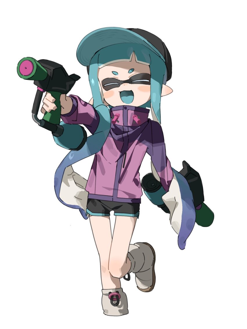 1girl baseball_cap black_hat black_shorts blue_hair blue_tongue blush_stickers boots closed_eyes colored_tongue cropped_legs dual_wielding gradient_hair hat highres holding holding_weapon inkling inkling_girl inkling_player_character jacket lat_latte71 long_hair long_sleeves multicolored_hair nintendo open_mouth pointy_ears purple_hair purple_jacket shorts smile solo splat_dualies_(splatoon) splatoon_(series) tentacle_hair twintails two-sided_fabric two-sided_headwear weapon white_background white_boots