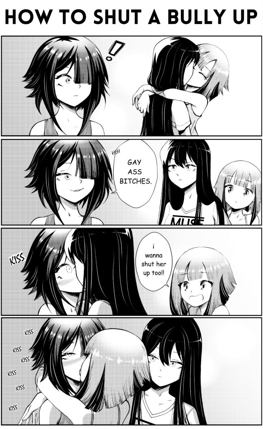 ! 3girls 4koma arms_around_neck band_shirt blush closed_eyes comic commentary english_commentary english_text fff_threesome french_kiss greyscale group_sex grs- hair_over_one_eye highres kiss long_hair merchandise monochrome multiple_girls muse_(band) open_mouth original parted_lips polygamy profanity short_hair sharon_(grs-) surprise_kiss surprised talia_(grs-) threesome tongue yuri