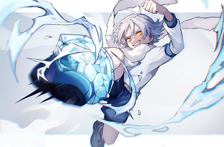 1boy absurdres ball blue_shorts cie_x6 clenched_teeth fubuki_shirou fur_scarf grin highres inazuma_eleven inazuma_eleven_(series) jumping kicking male_focus midriff scarf shirt shorts smile soccer_ball solo teeth thick_eyebrows white_background white_hair white_scarf white_shirt yellow_eyes