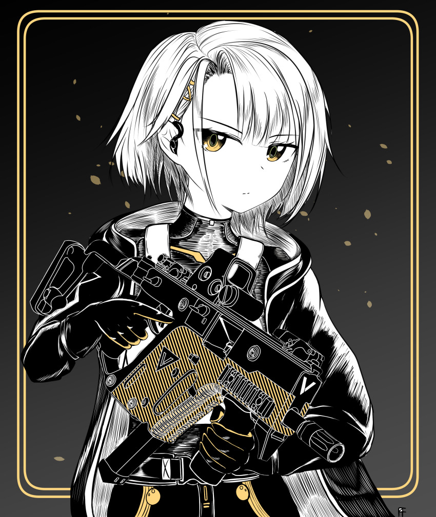 1girl absurdres black_gloves closed_mouth commentary english_commentary expressionless f4_u girls&#039;_frontline girls&#039;_frontline_2:_exilium gloves grey_hair gun hair_ornament hairpin highres kriss_vector limited_palette looking_at_viewer short_hair solo submachine_gun vector_(girls&#039;_frontline) vector_(girls&#039;_frontline_2) weapon yellow_eyes
