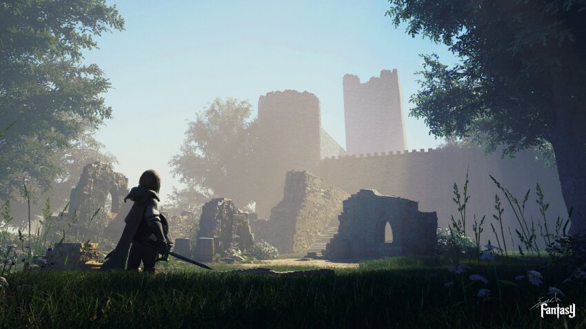 1girl 3d absurdres backlighting barrel battlement bloom cape castle day defensive_wall fantasy flower from_behind gloves grass highres holding holding_shield holding_sword holding_weapon hood hood_down hooded_cape medium_hair original outdoors ruins scenery shield solo sonech standing sword tree weapon wide_shot
