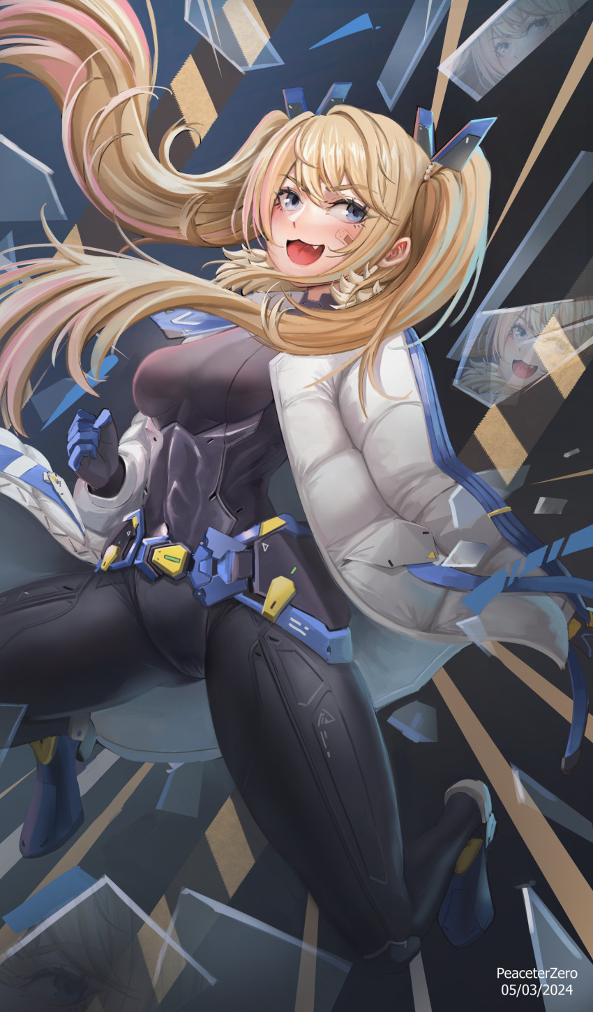 1girl :d absurdres artist_name bandaid bandaid_on_cheek bandaid_on_face black_bodysuit blonde_hair blue_eyes blush bodysuit breaking_through_window breasts broken_glass coat dated fang fur_trim glass goddess_of_victory:_nikke headgear highres laplace_(nikke) long_hair medium_breasts open_mouth peaceterzero reflection smile solo twintails white_coat