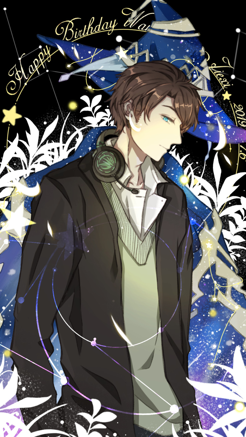 1boy 2019 black_background black_jacket blue_eyes brown_hair character_name chinese_commentary closed_mouth collarbone collared_shirt commentary_request constellation cowboy_shot dated english_text expressionless green_vest happy_birthday headphones headphones_around_neck headset highres interruption_(echo-023) jacket lapels light_particles long_sleeves looking_at_viewer male_focus notched_lapels open_clothes open_jacket pointy_nose quan_zhi_gao_shou shirt short_hair solo space star_(symbol) sweater_vest swept_bangs v-neck vest wang_jiexi white_shirt