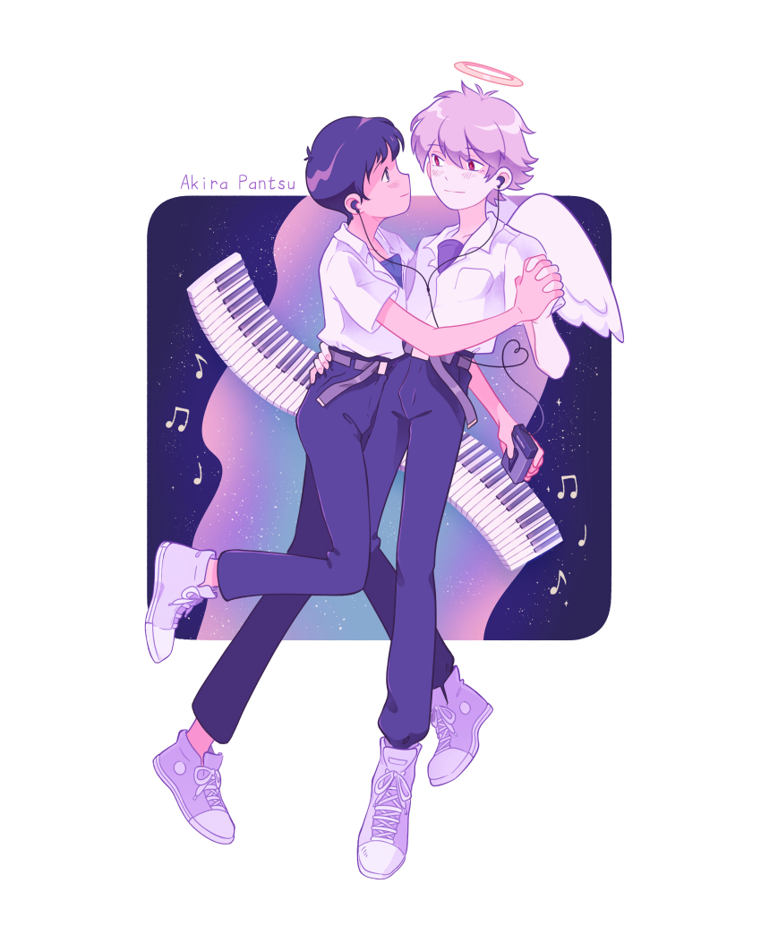 2boys absurdres akirapantsu angel artist_name belt black_pants blue_eyes blue_undershirt blush brown_belt brown_hair closed_mouth collared_shirt dancing earphones eye_contact floating grey_hair halo hand_on_another&#039;s_waist highres holding_hands ikari_shinji looking_at_another male_focus multiple_boys musical_note nagisa_kaworu neon_genesis_evangelion pants piano_keys red_eyes school_uniform shared_earphones shirt shirt_tucked_in shoes short_hair sky smile sneakers star_(sky) starry_sky tokyo-3_middle_school_uniform walkman white_shirt yaoi