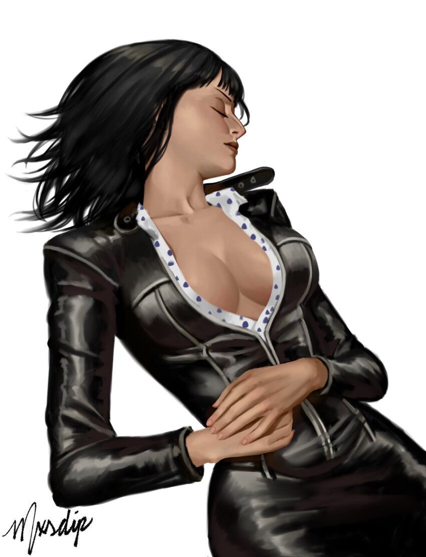 1girl black_dress black_hair blunt_bangs breasts cleavage clip_studio_paint_(medium) closed_eyes closed_mouth collarbone commentary dress highres leather_dress long_sleeves lying medium_hair mxsdip nico_robin nico_robin_(water_7) on_back one_piece signature simple_background sleeping solo white_background