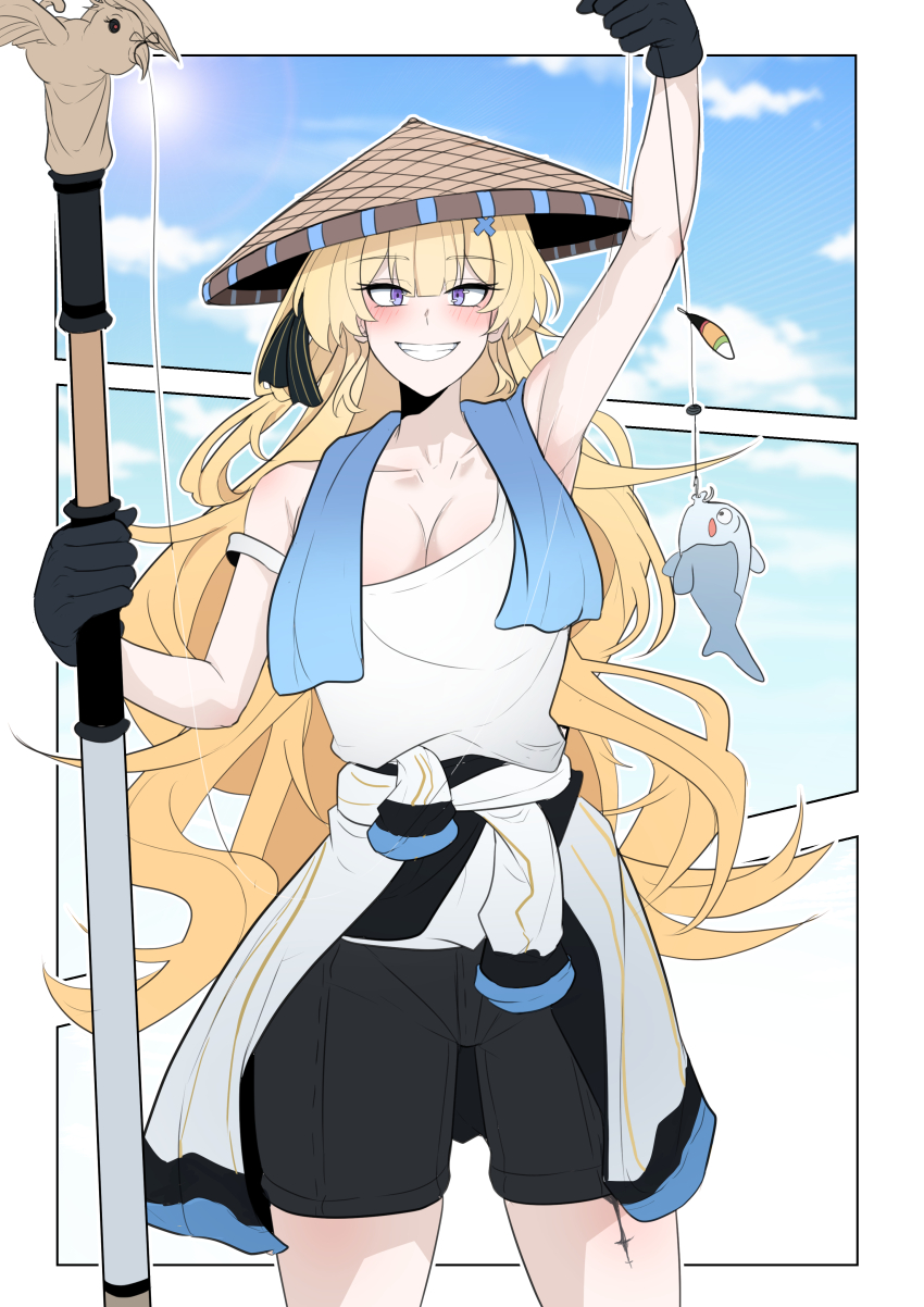 1girl absurdres alternate_costume black_gloves black_shorts blonde_hair blue_eyes blue_sky blush breasts cleavage collarbone commentary day fish fishing_line gloves hair_ornament hat highres holding holding_staff long_hair looking_at_viewer medium_breasts nort_muhehehe outdoors phoebe_(wuthering_waves) shirt shorts sky smile solo staff strap_slip tacet_mark_(wuthering_waves) tied_shirt towel towel_around_neck white_shirt wuthering_waves x_hair_ornament