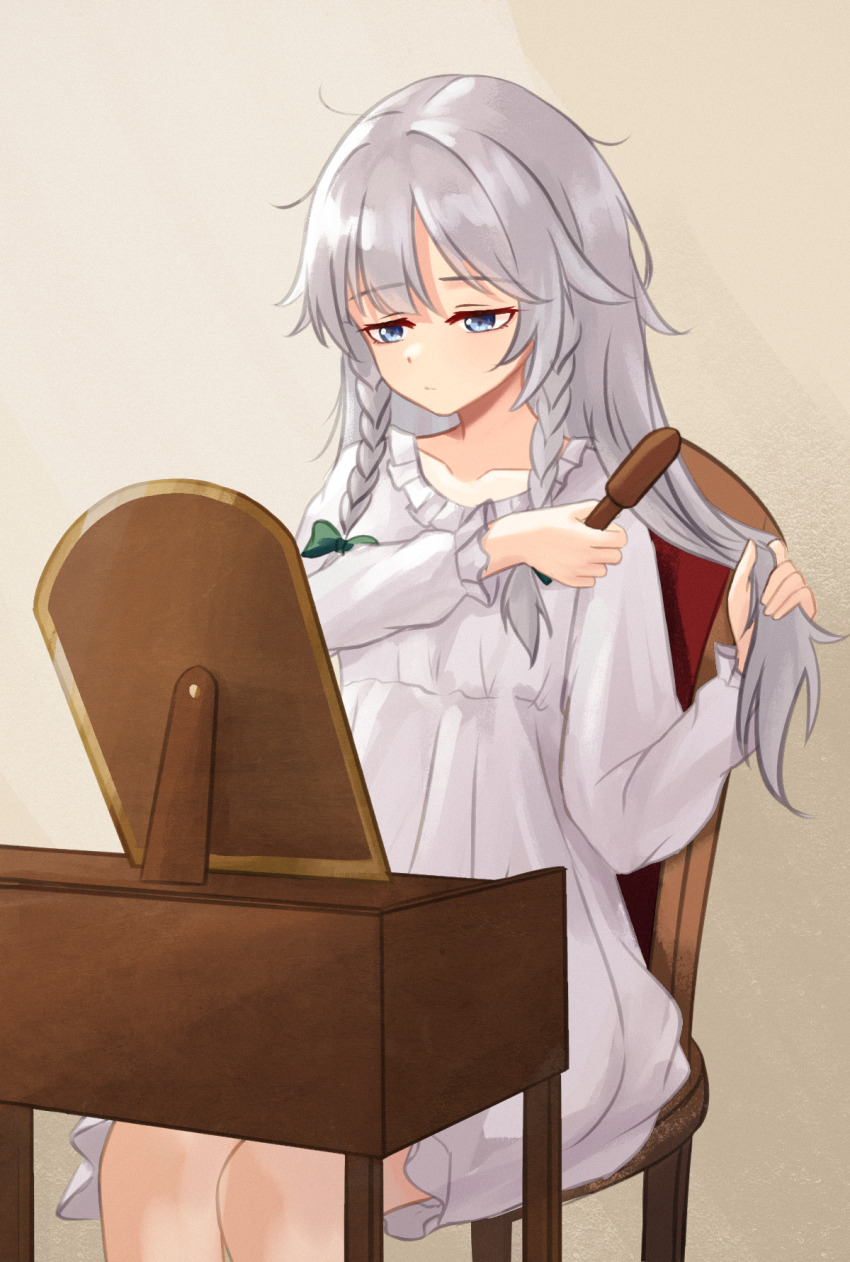 1girl alternate_costume blue_eyes bow braid brushing_hair brushing_own_hair chair chinese_commentary chunjiu collarbone commentary_request green_bow grey_hair grey_pajamas hair_bow highres izayoi_sakuya long_sleeves mirror on_chair pajamas sitting sleepwear solo touhou twin_braids