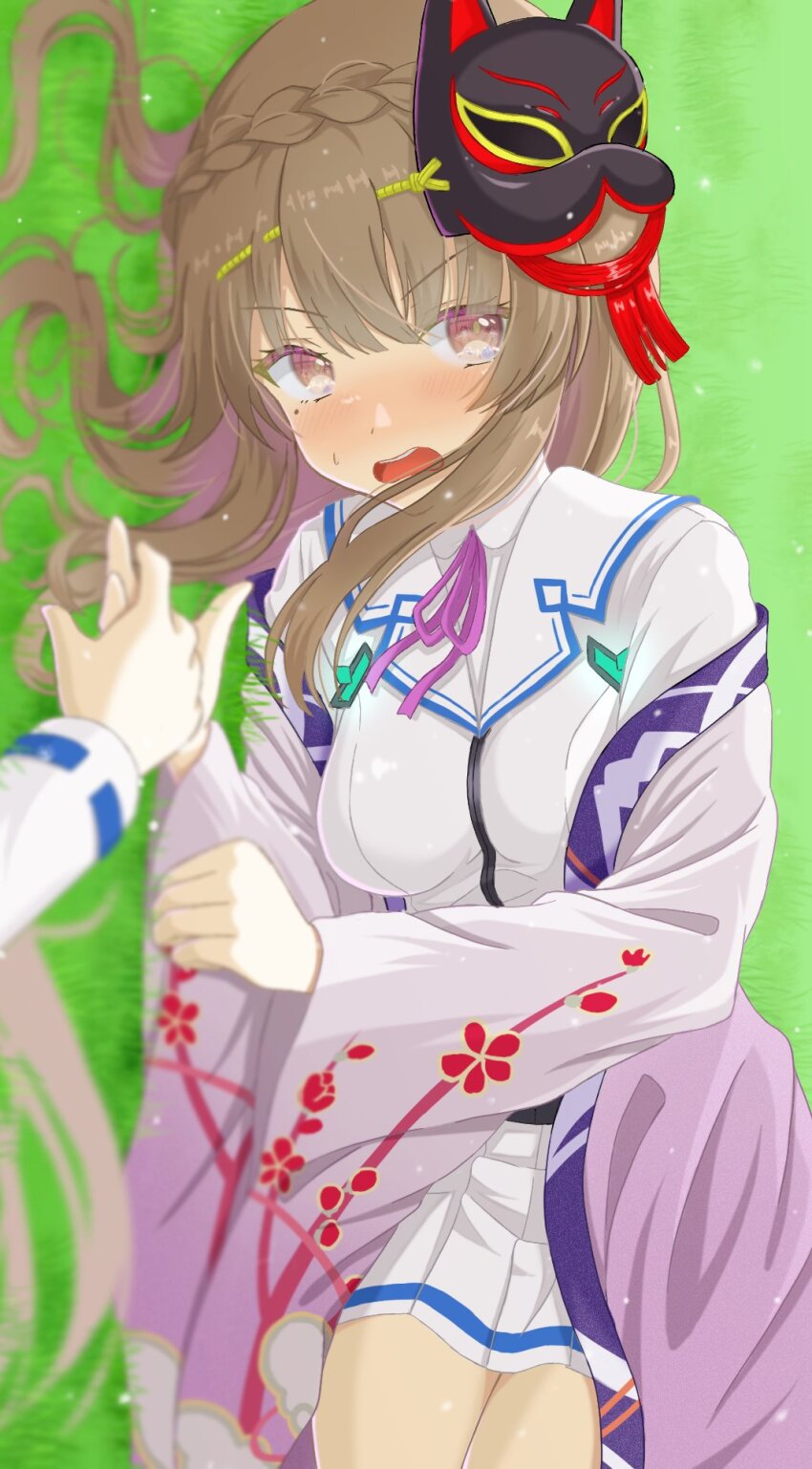 1girl braid breasts brown_hair crown_braid female_pov fox_mask hair_ornament hair_stick heaven_burns_red highres kiryuu_miya long_hair lying mask mask_on_head mochimugi_rice mole mole_under_eye on_side pov ribbon shirakawa_yuina shirt sidelocks white_shirt wide_sleeves yuri
