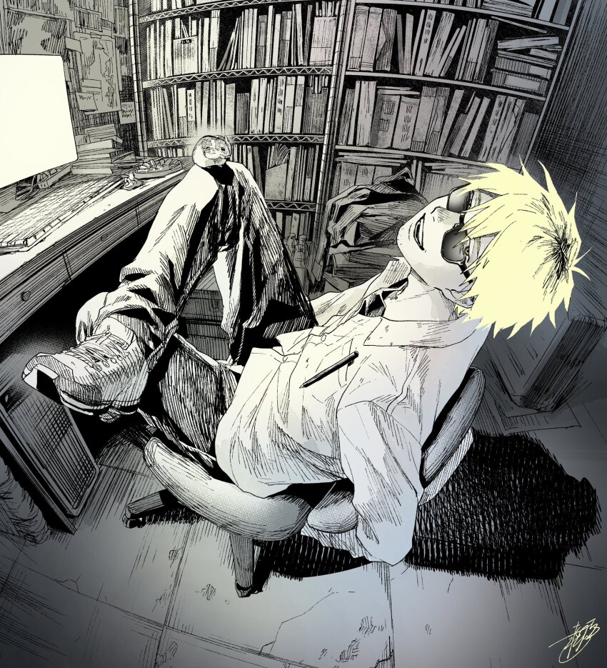 1boy black_pants blonde_hair book computer_keyboard desktop_(computing) greyscale_with_colored_hair highres hikaru_ga_shinda_natsu long_sleeves looking_at_viewer monitor open_mouth pants racket shirt shoes sitting smile sneakers solo sunglasses tanaka_(hikaru_ga_shinda_natsu) white_shirt yellow_eyes